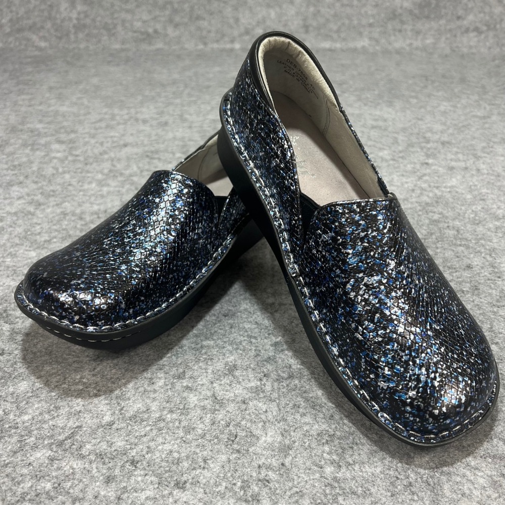 Allegria Deb Slip On Shoes Women Size 40 Leather Upper Black Blue Snake Print